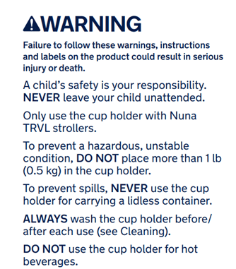 Stroller cup holder warning label