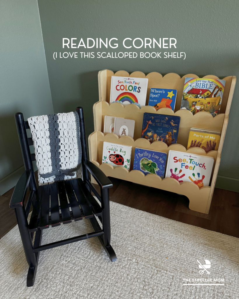 Baby book case and rocking chair.