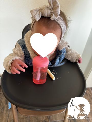 Bugaboo Giraffe High Chair with Baby in it. 